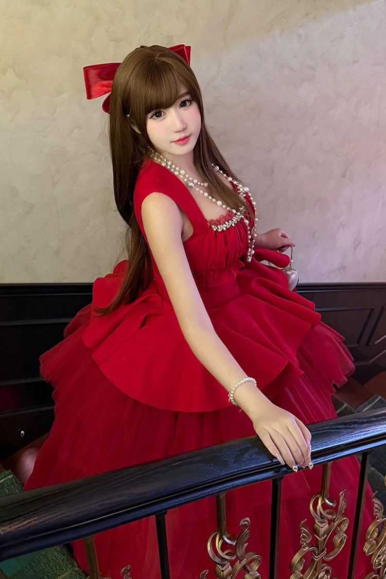 Sweet Lolita Dress - Romantic Rose, Red, Square Collar, Ruffled, Classic Style - additional product view 11