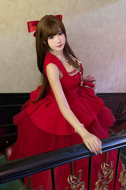 Sweet Lolita Dress - Romantic Rose, Red, Square Collar, Ruffled, Classic Style - additional product view 11