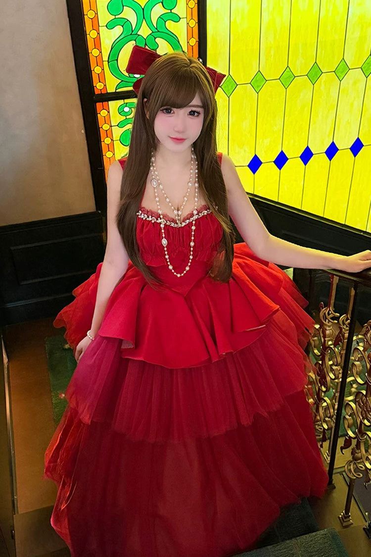 Sweet Lolita Dress - Romantic Rose, Red, Square Collar, Ruffled, Classic Style - additional product view 12