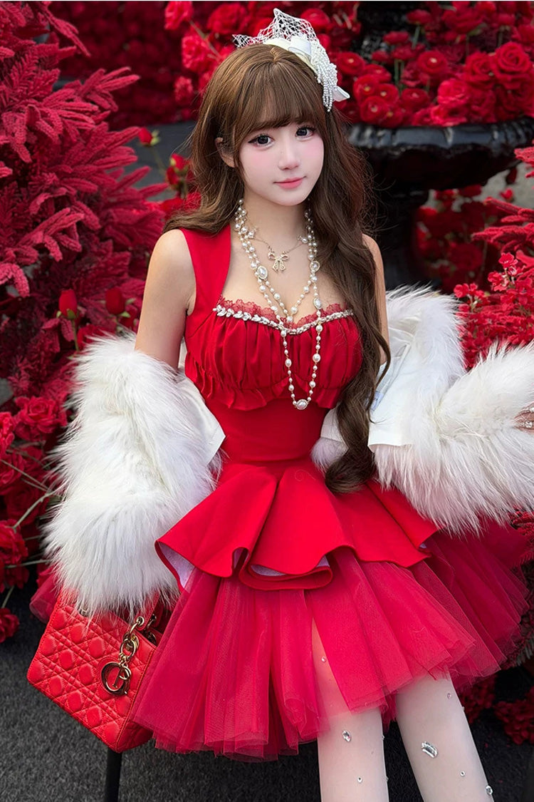 Sweet Lolita Dress - Romantic Rose, Red, Square Collar, Ruffled, Classic Style - additional product view 13