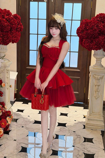 Sweet Lolita Dress - Romantic Rose, Red, Square Collar, Ruffled, Classic Style - additional product view 14
