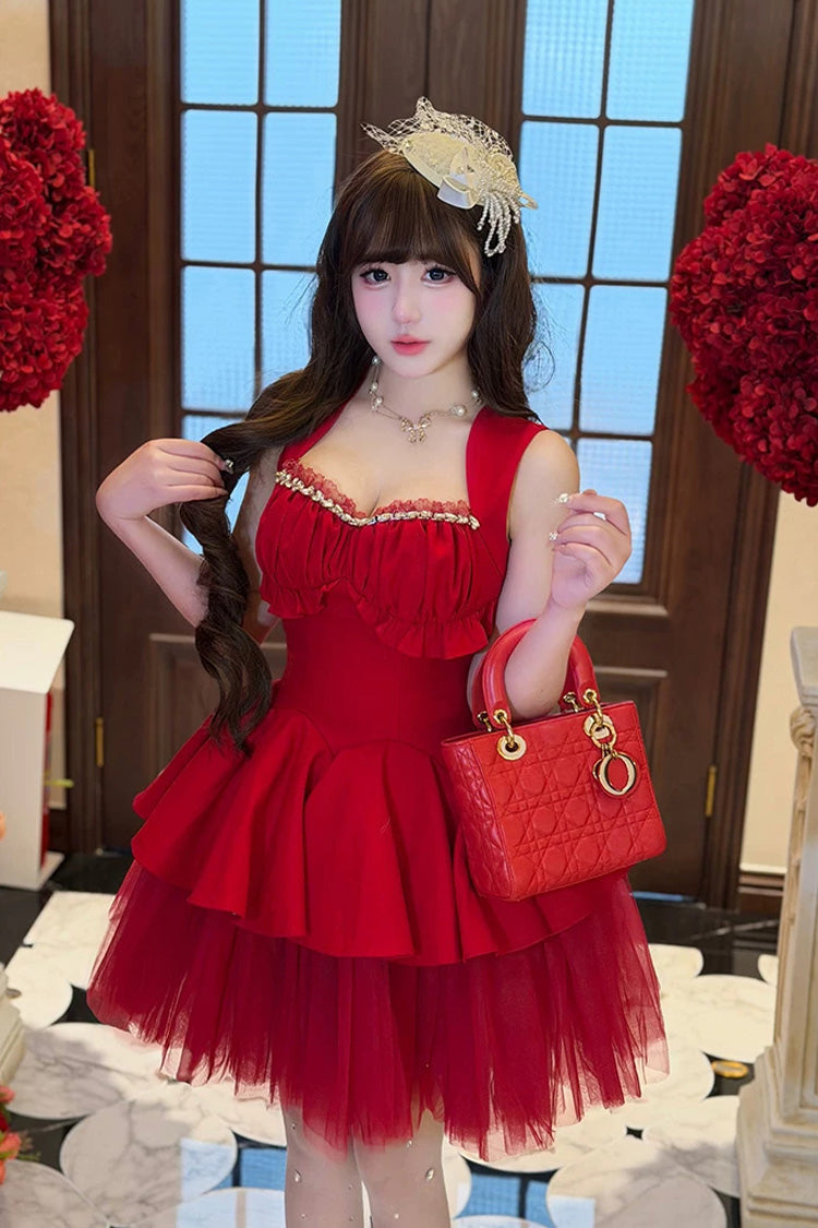 Sweet Lolita Dress - Romantic Rose, Red, Square Collar, Ruffled, Classic Style - additional product view 15