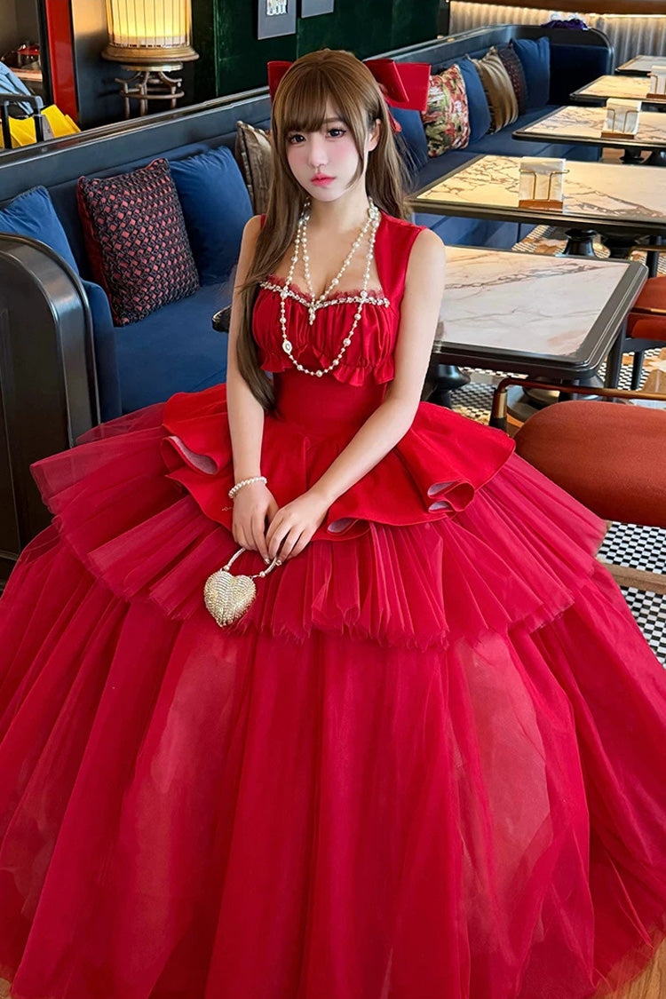 Sweet Lolita Dress - Romantic Rose, Red, Square Collar, Ruffled, Classic Style - additional product view 16