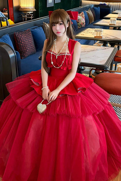 Sweet Lolita Dress - Romantic Rose, Red, Square Collar, Ruffled, Classic Style - additional product view 16