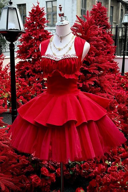 Sweet Lolita Dress - Romantic Rose, Red, Square Collar, Ruffled, Classic Style - main product image