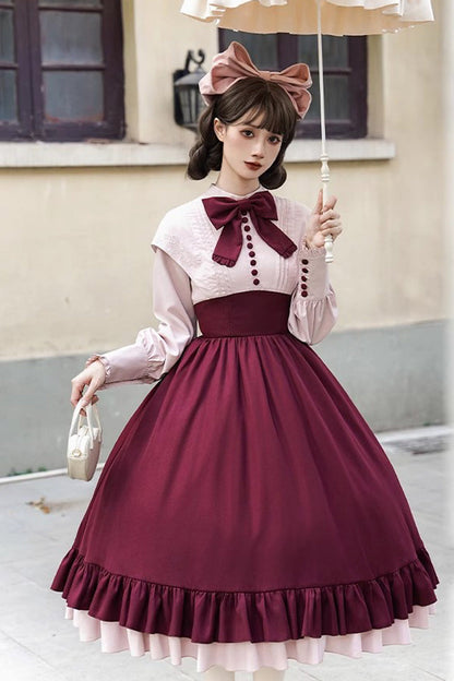 Sweet Lolita Dress - Rose, 2 Colors, Long Sleeves, Bow Detail, Ruffled - additional product view 14