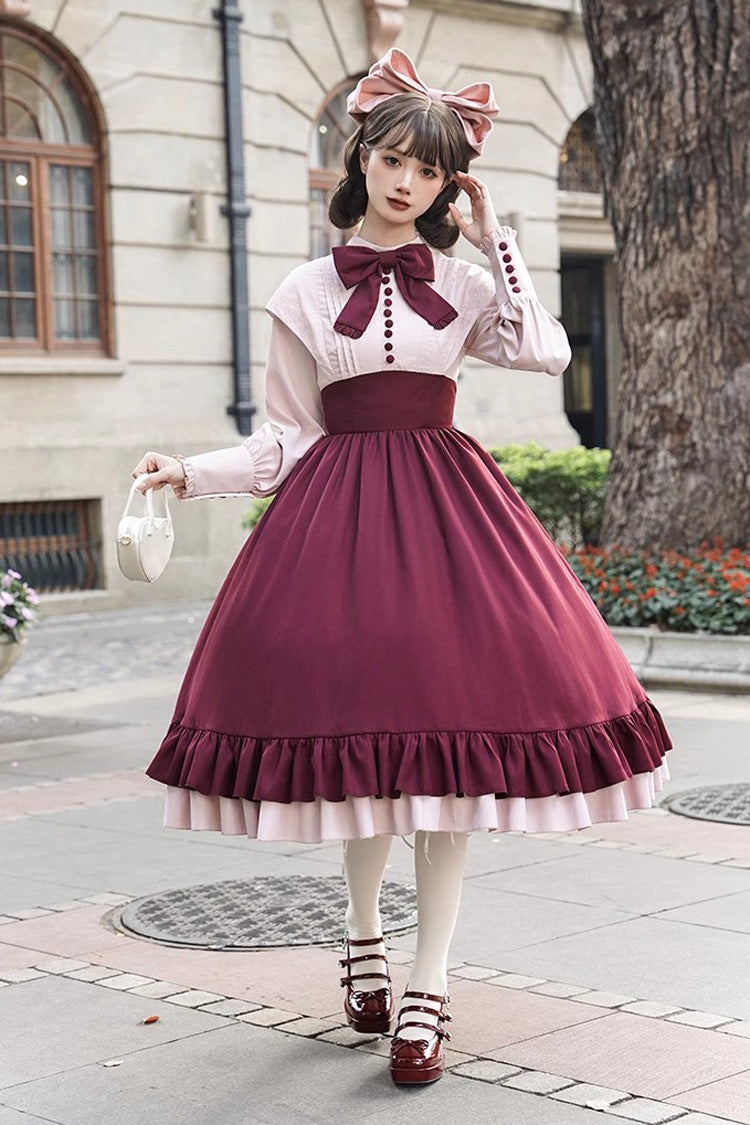 Sweet Lolita Dress - Rose, 2 Colors, Long Sleeves, Bow Detail, Ruffled - S Red/Purple / M Red/Purple / L Red/Purple option