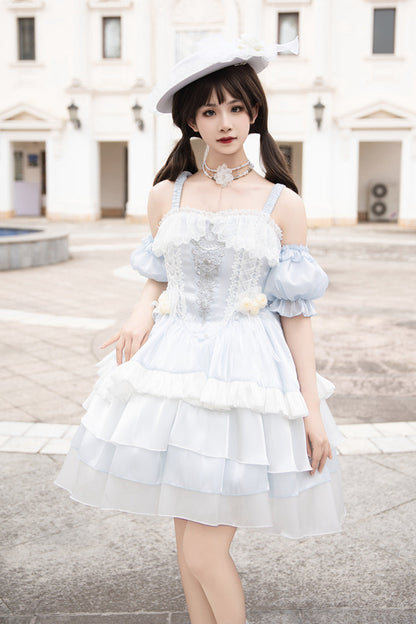 Sweet Lolita Dress - Rose Of The Night Sea And Starry, Blue, Layered, Ruffled, Embroidered - additional product view 3