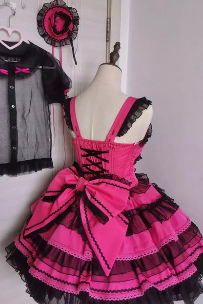 Sweet Lolita Dress - Rose Pink Pray Multi-layered, Pink, Lace Trim, Bow Detail - additional product view 3
