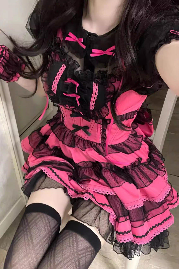 Sweet Lolita Dress - Rose Pink Pray Multi-layered, Pink, Lace Trim, Bow Detail - additional product view 4