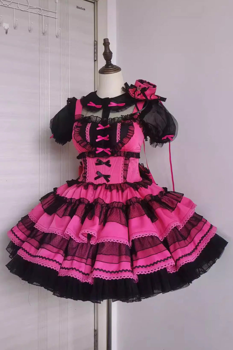 Sweet Lolita Dress - Rose Pink Pray Multi-layered, Pink, Lace Trim, Bow Detail - main product image