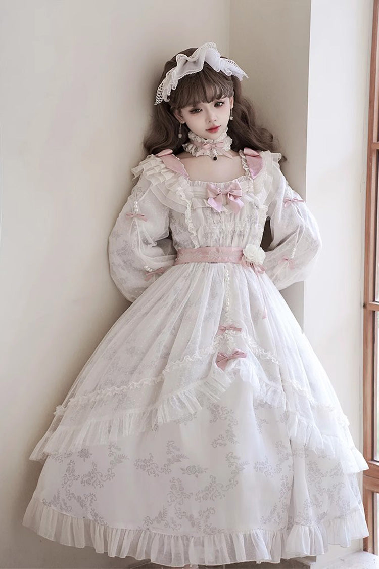 Sweet Lolita Dress - Rose Print Bowknot Princess, Ivory, Printed, Long Sleeves, Bow Detail - additional product view 2
