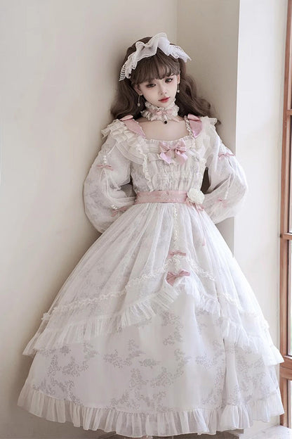 Sweet Lolita Dress - Rose Print Bowknot Princess, Ivory, Printed, Long Sleeves, Bow Detail - additional product view 2