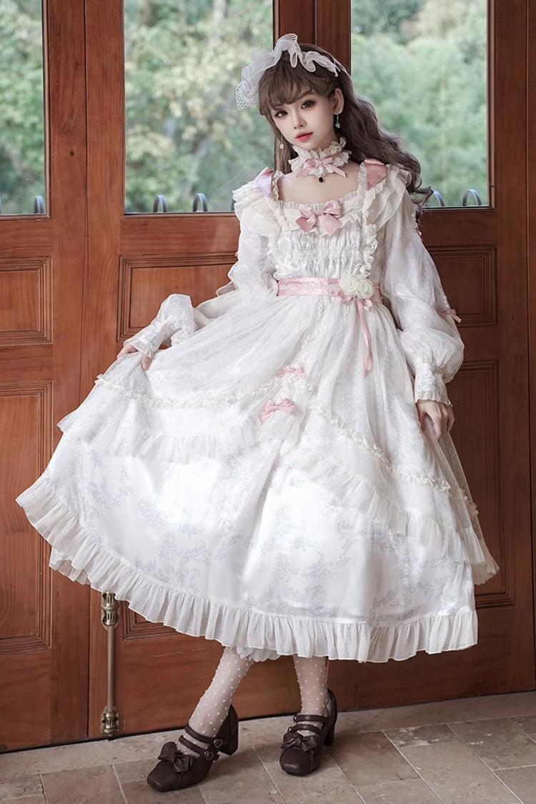 Sweet Lolita Dress - Rose Print Bowknot Princess, Ivory, Printed, Long Sleeves, Bow Detail - additional product view 3