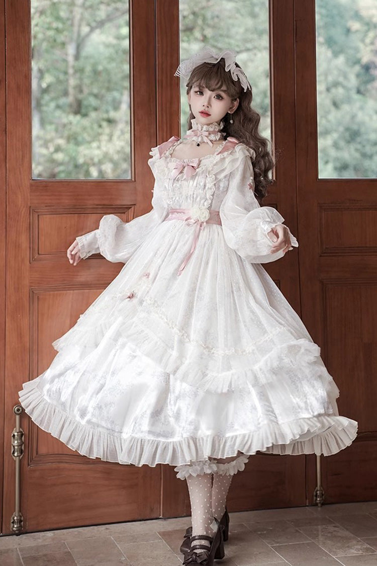 Sweet Lolita Dress - Rose Print Bowknot Princess, Ivory, Printed, Long Sleeves, Bow Detail - additional product view 4