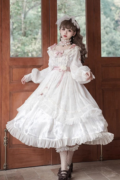 Sweet Lolita Dress - Rose Print Bowknot Princess, Ivory, Printed, Long Sleeves, Bow Detail - additional product view 4