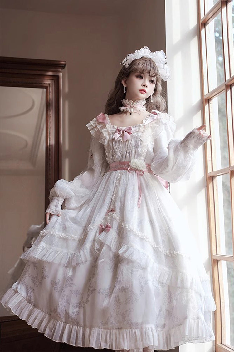 Sweet Lolita Dress - Rose Print Bowknot Princess, Ivory, Printed, Long Sleeves, Bow Detail - additional product view 5