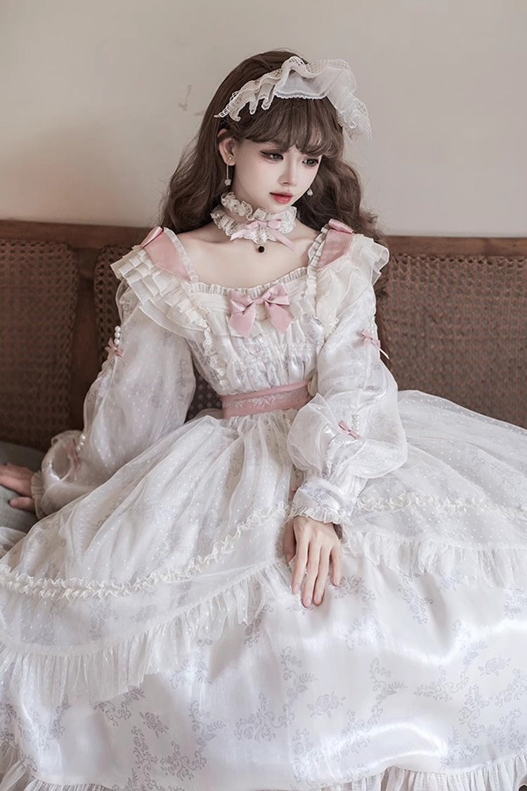 Sweet Lolita Dress - Rose Print Bowknot Princess, Ivory, Printed, Long Sleeves, Bow Detail - additional product view 6
