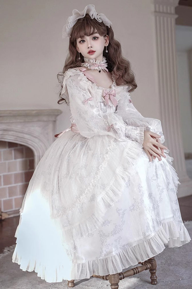 Sweet Lolita Dress - Rose Print Bowknot Princess, Ivory, Printed, Long Sleeves, Bow Detail - additional product view 7