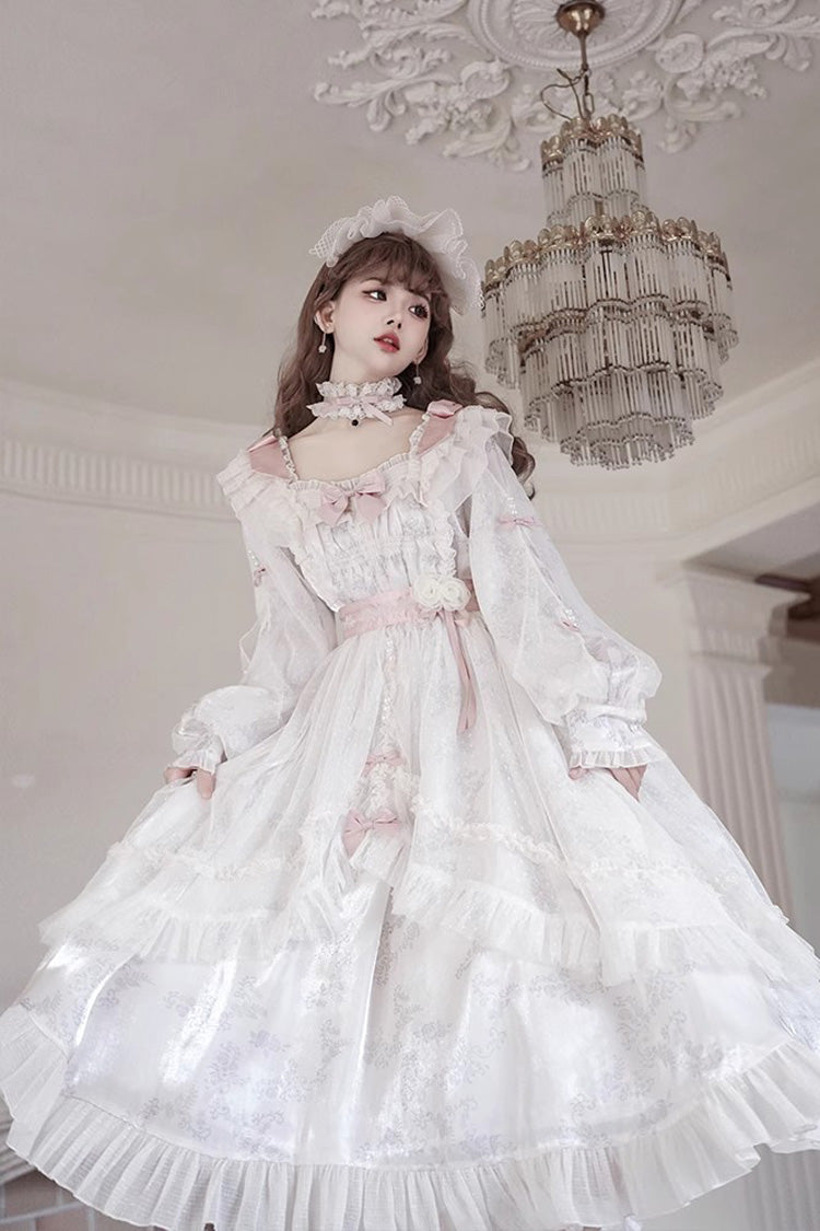 Sweet Lolita Dress - Rose Print Bowknot Princess, Ivory, Printed, Long Sleeves, Bow Detail - additional product view 8