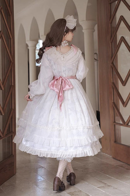 Sweet Lolita Dress - Rose Print Bowknot Princess, Ivory, Printed, Long Sleeves, Bow Detail - additional product view 9