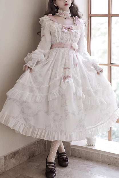 Sweet Lolita Dress - Rose Print Bowknot Princess, Ivory, Printed, Long Sleeves, Bow Detail - main product image