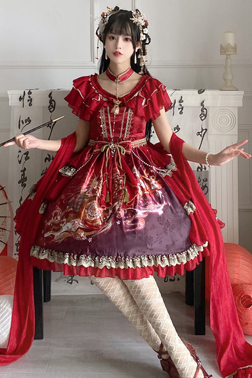 Sweet Lolita Dress - Round Collar Ruffled Elegant, 2 Colors, Classic Style, Printed - additional product view 2