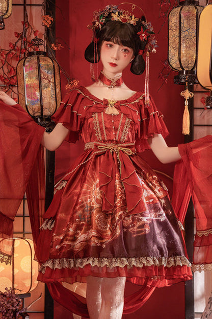 Sweet Lolita Dress - Round Collar Ruffled Elegant, 2 Colors, Classic Style, Printed - additional product view 3