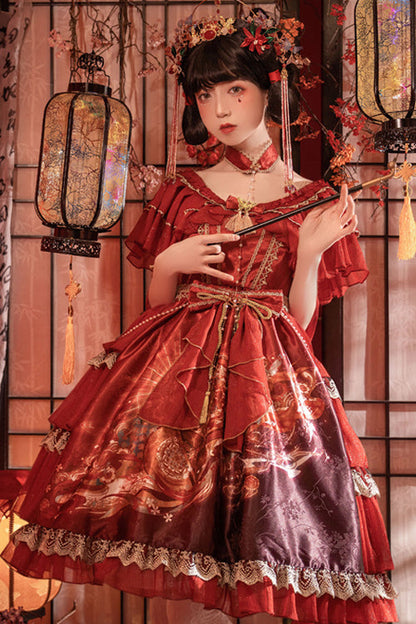 Sweet Lolita Dress - Round Collar Ruffled Elegant, 2 Colors, Classic Style, Printed - additional product view 4