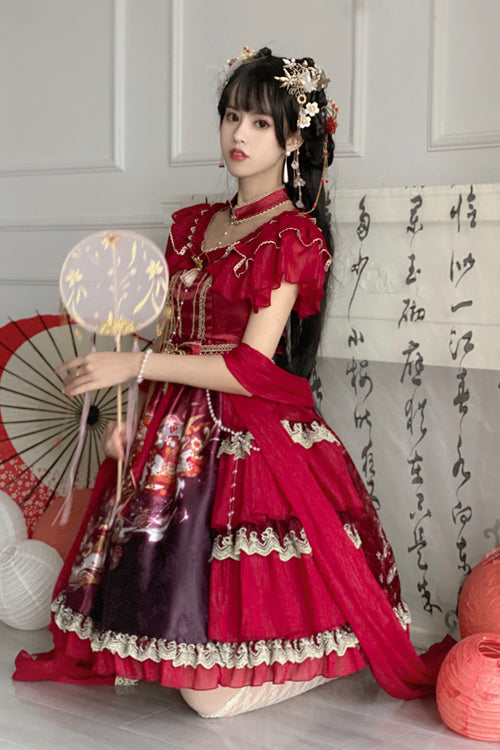 Sweet Lolita Dress - Round Collar Ruffled Elegant, 2 Colors, Classic Style, Printed - additional product view 5