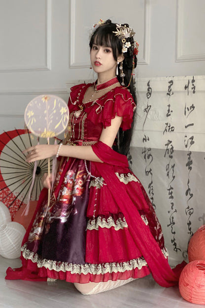 Sweet Lolita Dress - Round Collar Ruffled Elegant, 2 Colors, Classic Style, Printed - additional product view 5