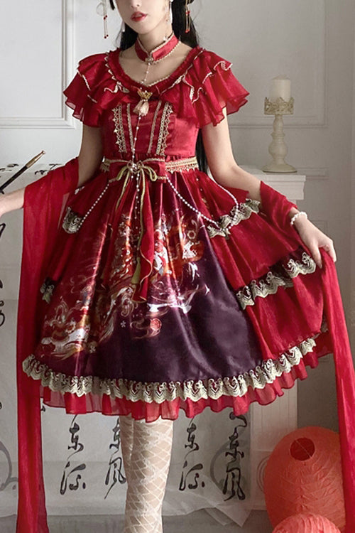 Sweet Lolita Dress - Round Collar Ruffled Elegant, 2 Colors, Classic Style, Printed - main product image