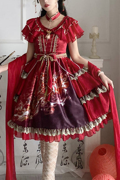 Sweet Lolita Dress - Round Collar Ruffled Elegant, 2 Colors, Classic Style, Printed - main product image