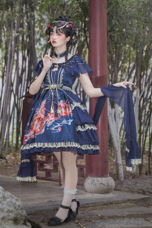 Sweet Lolita Dress - Round Collar Ruffled Elegant, 2 Colors, Classic Style, Printed - S Blue / M Blue / L Blue option