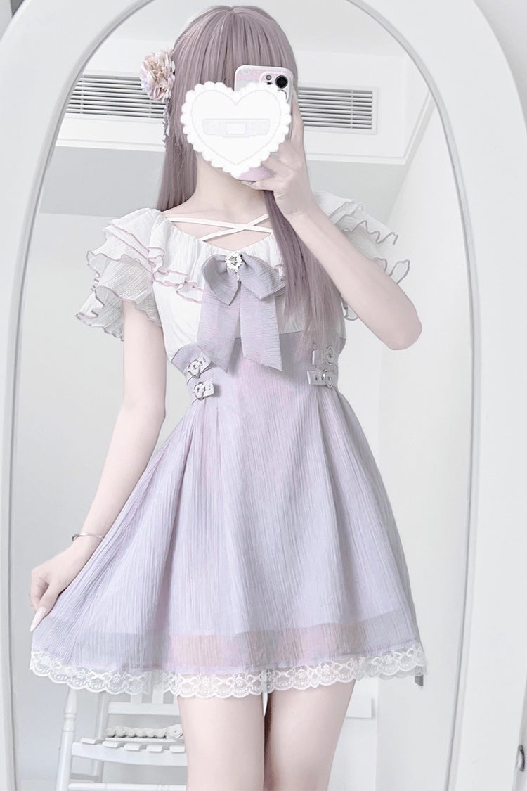 Sweet Lolita Dress - Ruffle Bowknot Lace Jirai, Purple, Bow Detail, Lace Trim, Ruffled - additional product view 3