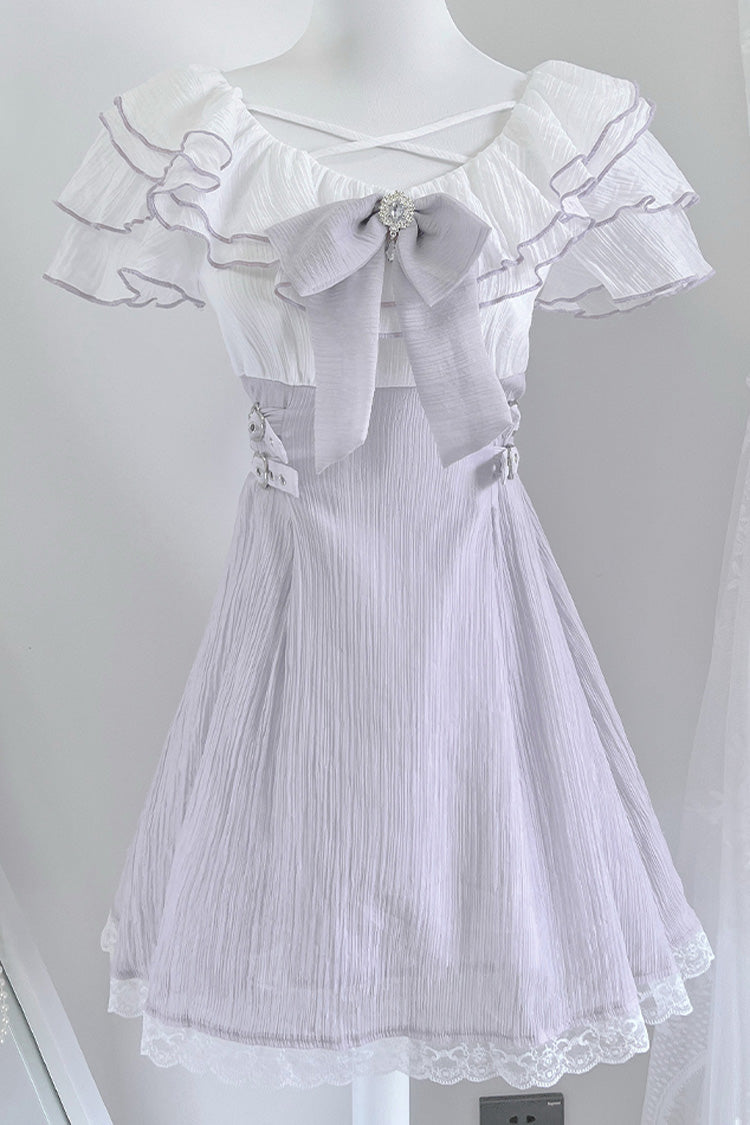Sweet Lolita Dress - Ruffle Bowknot Lace Jirai, Purple, Bow Detail, Lace Trim, Ruffled - main product image