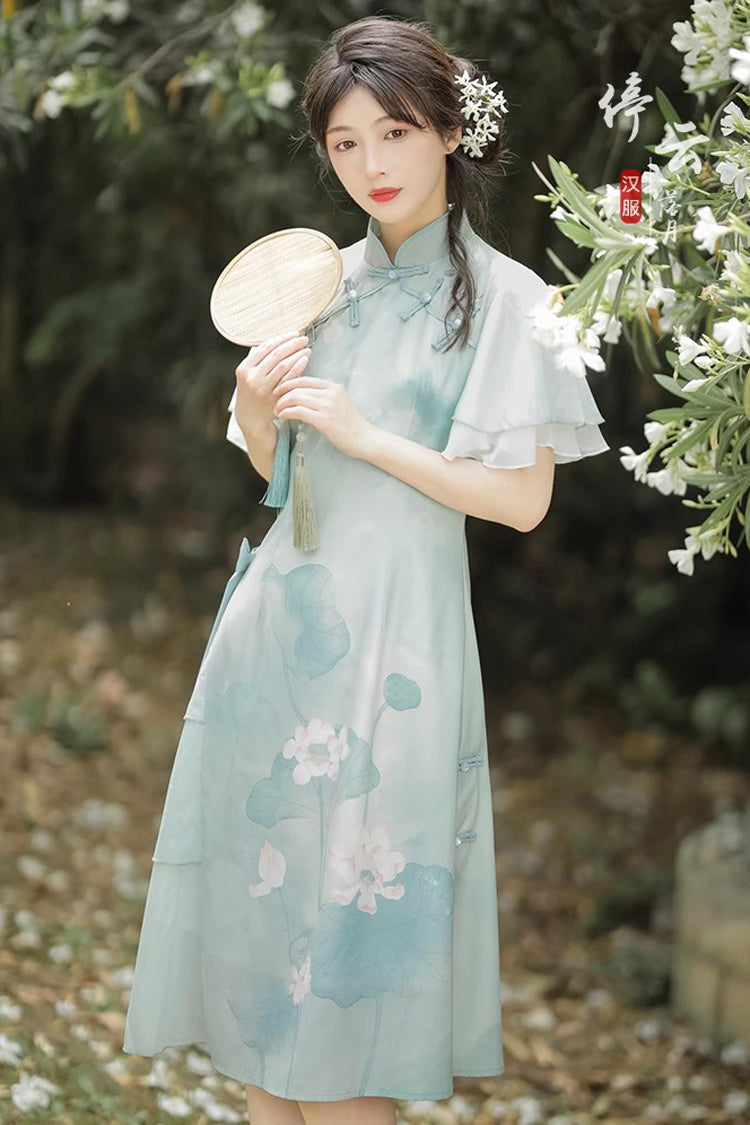 Sweet Lolita Dress - Ruffle Lotus Print Cheongsam, Green, Chinese-Inspired Style, Ruffled - additional product view 2