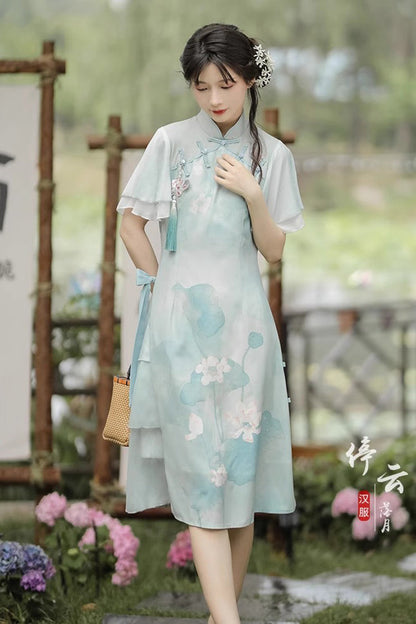 Sweet Lolita Dress - Ruffle Lotus Print Cheongsam, Green, Chinese-Inspired Style, Ruffled - additional product view 3