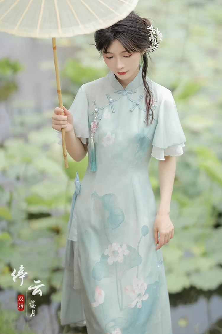 Sweet Lolita Dress - Ruffle Lotus Print Cheongsam, Green, Chinese-Inspired Style, Ruffled - additional product view 4