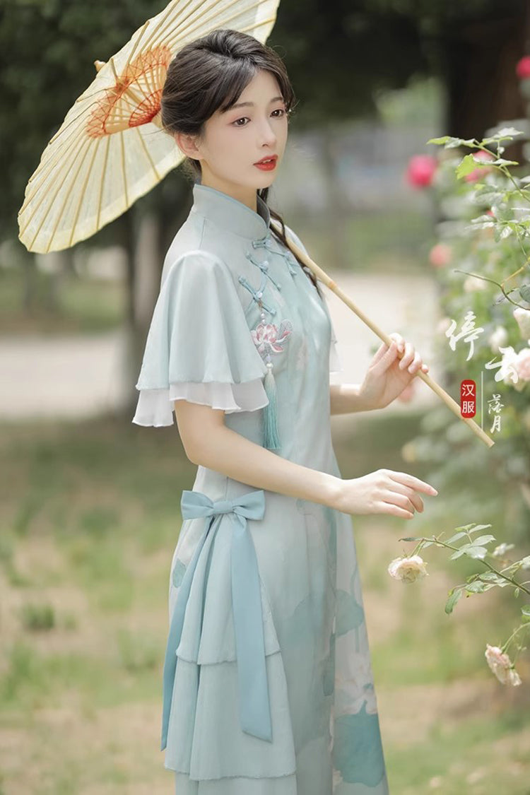 Sweet Lolita Dress - Ruffle Lotus Print Cheongsam, Green, Chinese-Inspired Style, Ruffled - additional product view 5