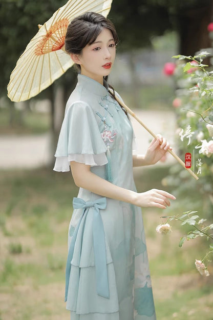 Sweet Lolita Dress - Ruffle Lotus Print Cheongsam, Green, Chinese-Inspired Style, Ruffled - additional product view 5