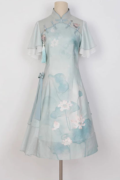 Sweet Lolita Dress - Ruffle Lotus Print Cheongsam, Green, Chinese-Inspired Style, Ruffled - additional product view 6