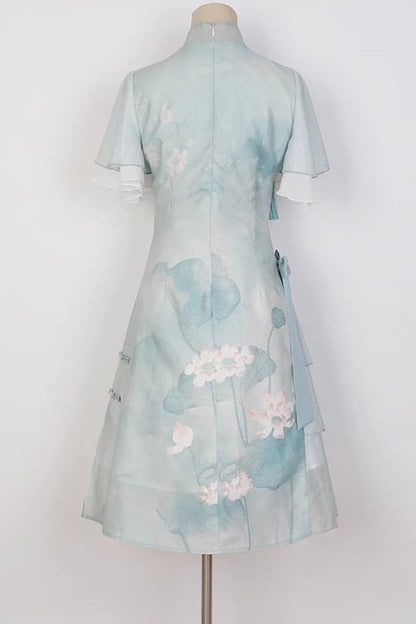 Sweet Lolita Dress - Ruffle Lotus Print Cheongsam, Green, Chinese-Inspired Style, Ruffled - additional product view 7