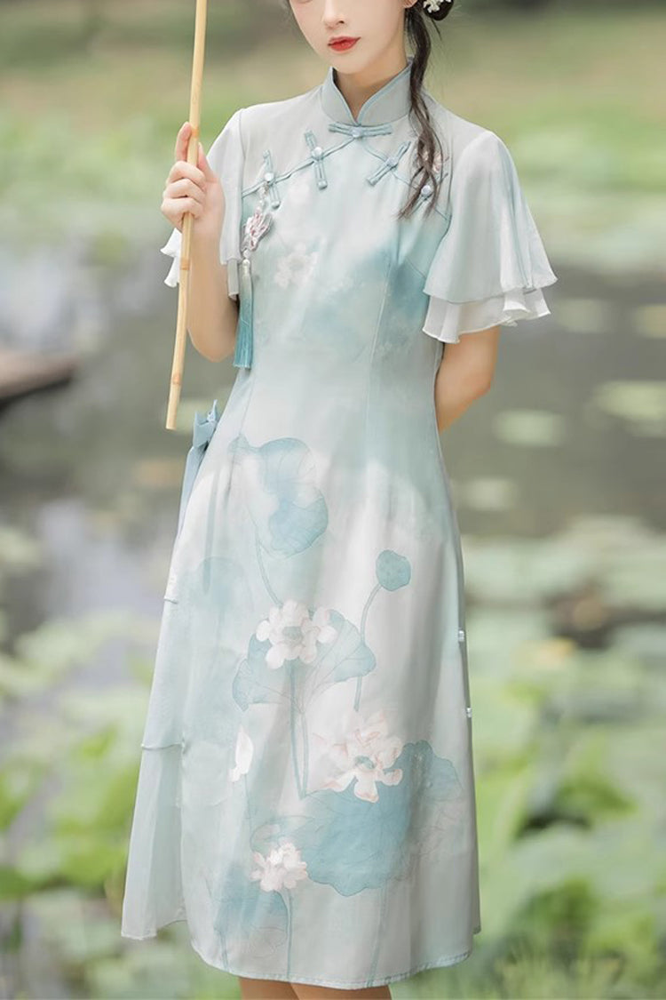 Sweet Lolita Dress - Ruffle Lotus Print Cheongsam, Green, Chinese-Inspired Style, Ruffled - main product image