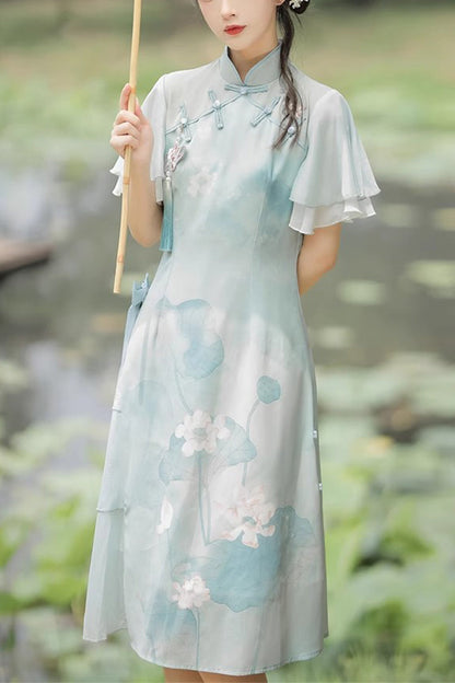 Sweet Lolita Dress - Ruffle Lotus Print Cheongsam, Green, Chinese-Inspired Style, Ruffled - main product image