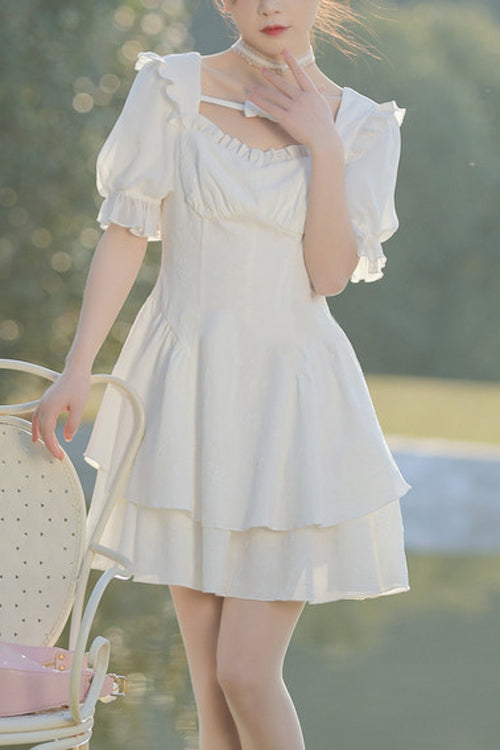 Sweet Lolita Dress - Ruffled Square Collar Bubble, White, Square Collar - main product image