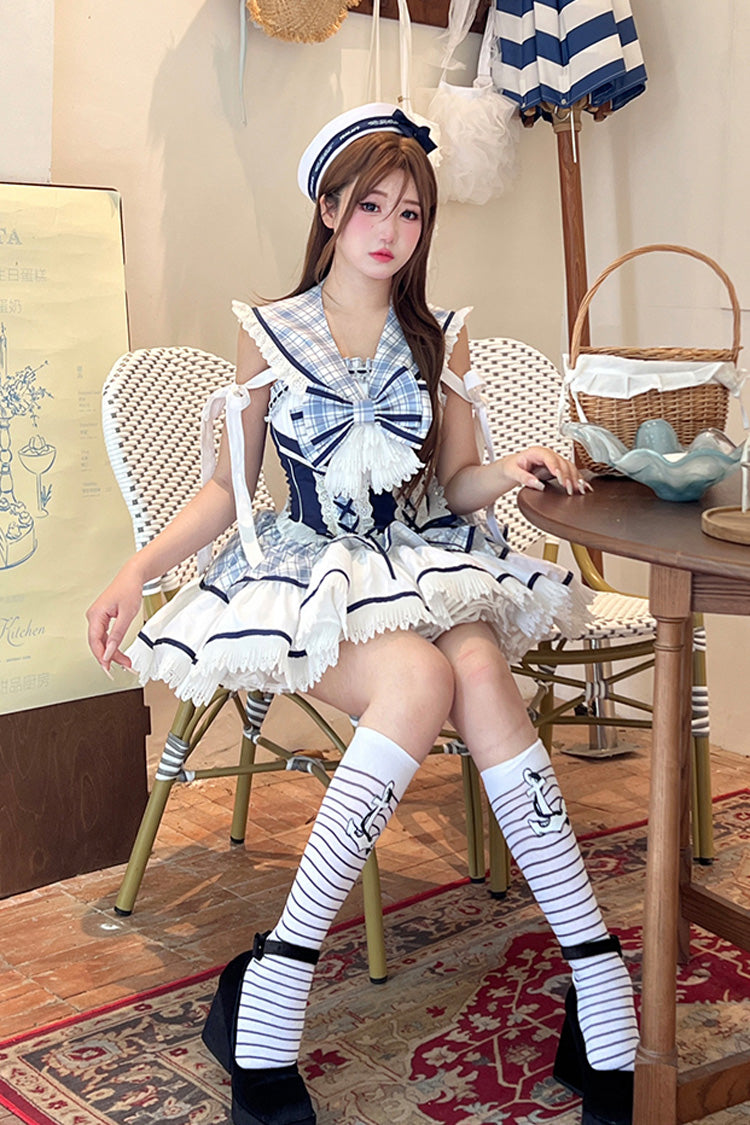 Sweet Lolita Dress - Sailing Love, 2 Colors, Plaid, Ruffled, Printed - additional product view 4