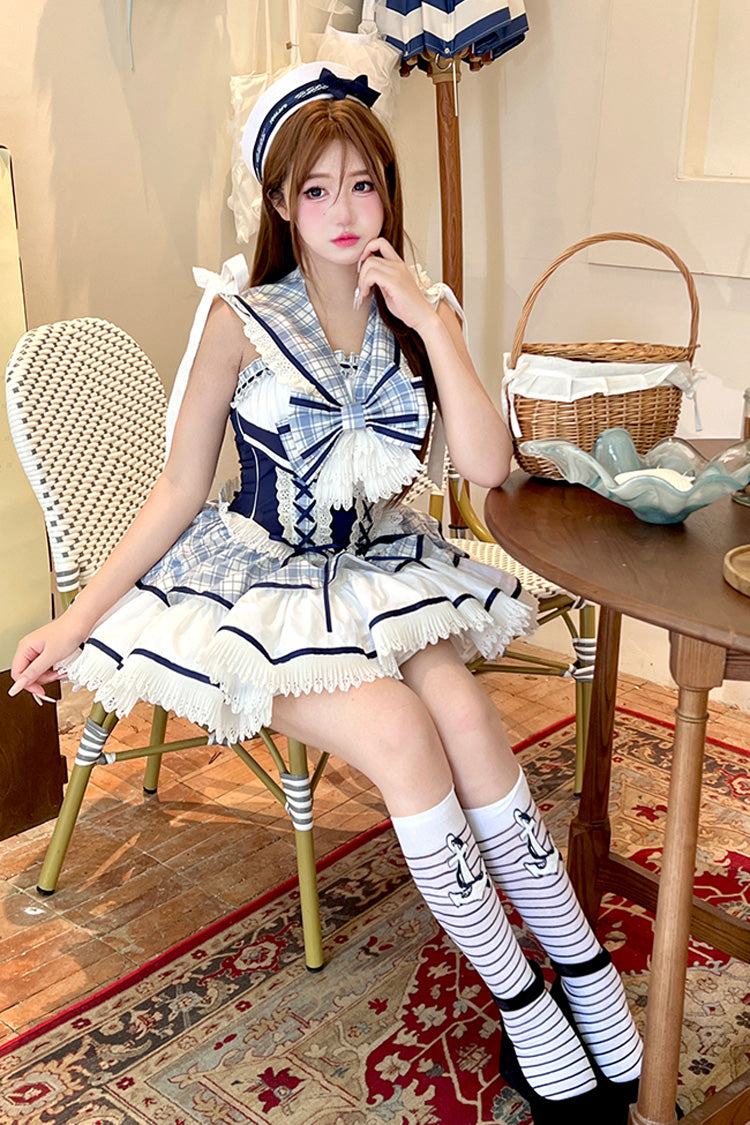 Sweet Lolita Dress - Sailing Love, 2 Colors, Plaid, Ruffled, Printed - additional product view 6