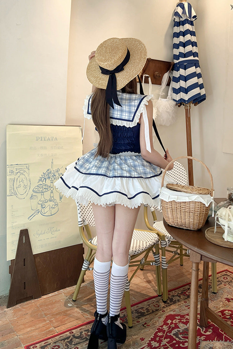 Sweet Lolita Dress - Sailing Love, 2 Colors, Plaid, Ruffled, Printed - additional product view 13