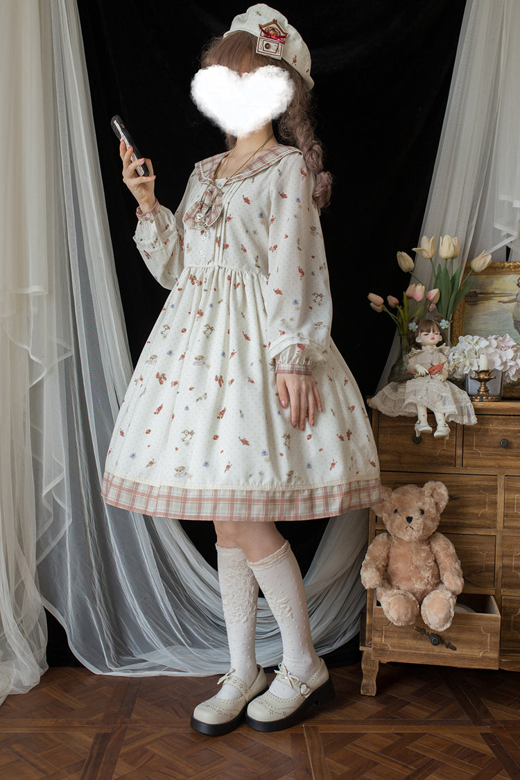 Sweet Lolita Dress - Sailor Collar Print, Ivory, Ruffled, Printed, Long Sleeves - additional product view 3